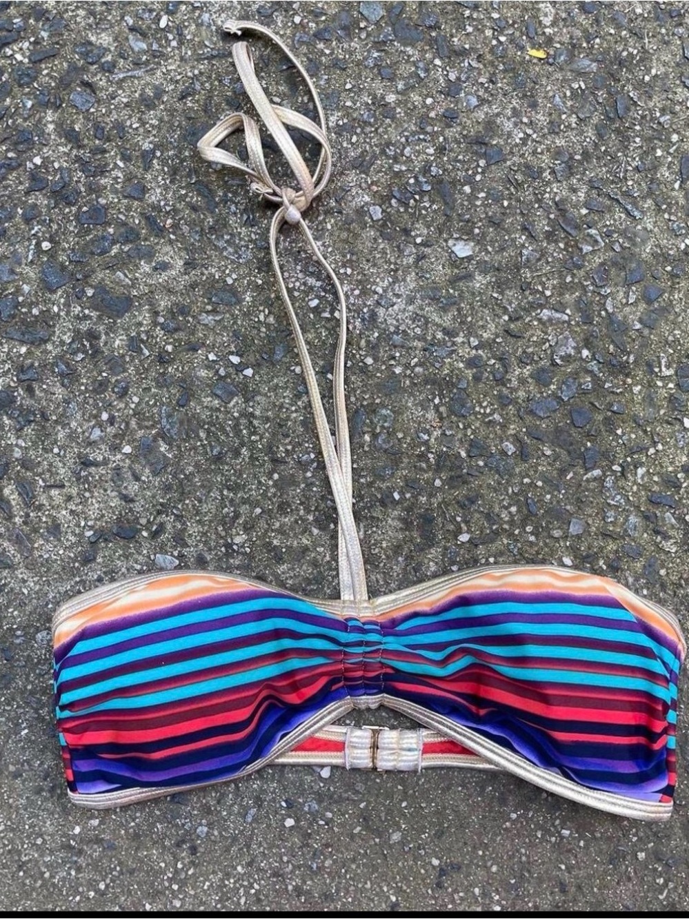 Multi-Color Striped Strapless Bikini Top with Gold Trim